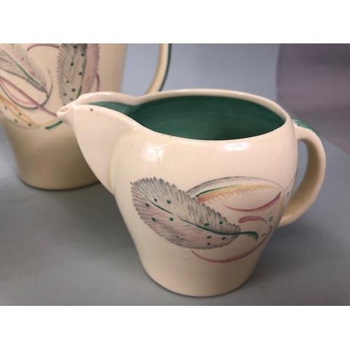 260 - Susie Cooper ceramics, aqua feather design , Coffee pot, milk jug, sugar basin, 6 saucers, 6 cups, 6... 