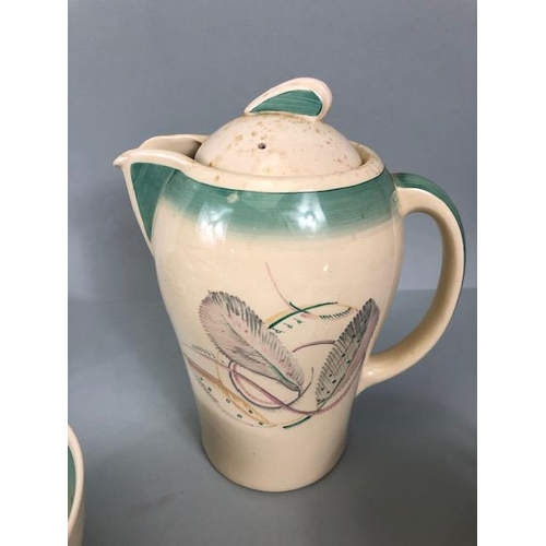 260 - Susie Cooper ceramics, aqua feather design , Coffee pot, milk jug, sugar basin, 6 saucers, 6 cups, 6... 