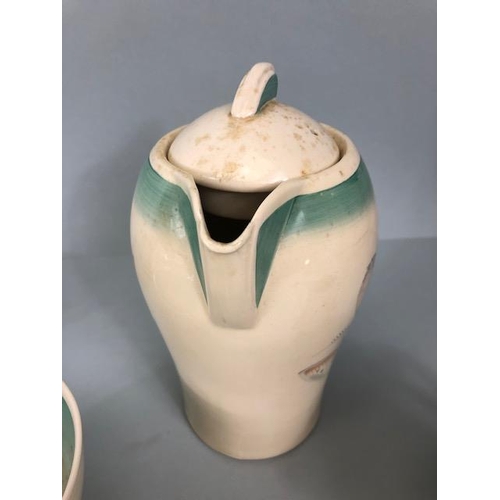 260 - Susie Cooper ceramics, aqua feather design , Coffee pot, milk jug, sugar basin, 6 saucers, 6 cups, 6... 