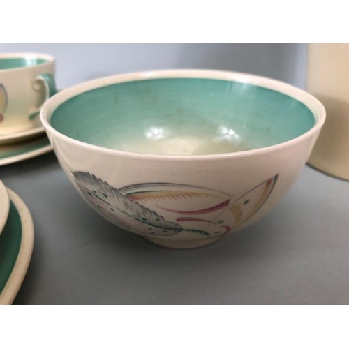 260 - Susie Cooper ceramics, aqua feather design , Coffee pot, milk jug, sugar basin, 6 saucers, 6 cups, 6... 