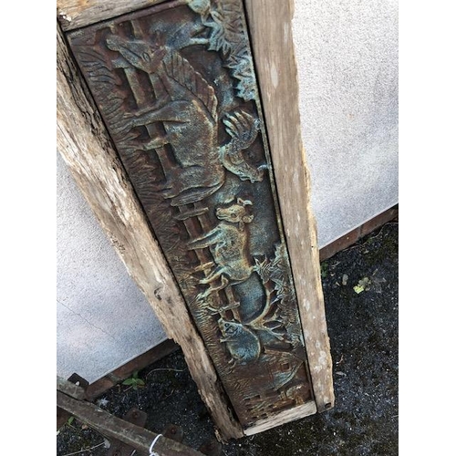 279 - Pair of Iron bench ends for a child's garden bench height approx 55cm and a metal farm yard scene ba... 