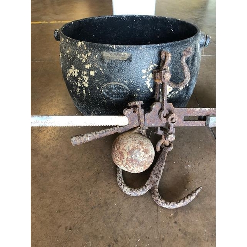 292 - Large cast iron campfire cooking pot and an industrial counter balance scale