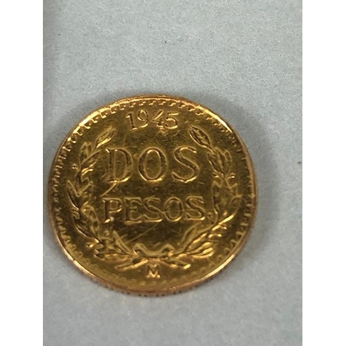 36 - Gold Coin (2): Two 1945 Mexican coins Dos pesos 