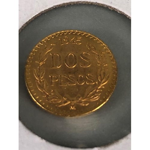 36 - Gold Coin (2): Two 1945 Mexican coins Dos pesos 