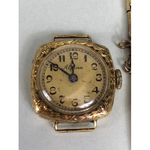 59 - 1930s gold wrist watch, case marked 14k, total weight approx 10.9g, along with unmarked matching bra... 