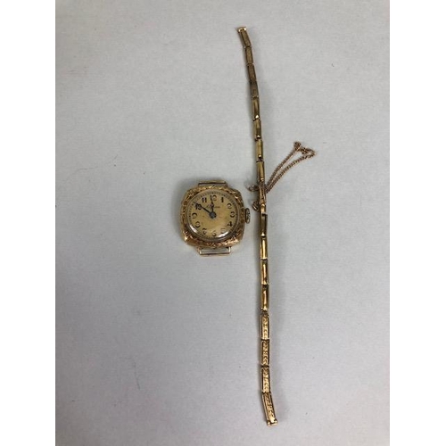 59 - 1930s gold wrist watch, case marked 14k, total weight approx 10.9g, along with unmarked matching bra... 