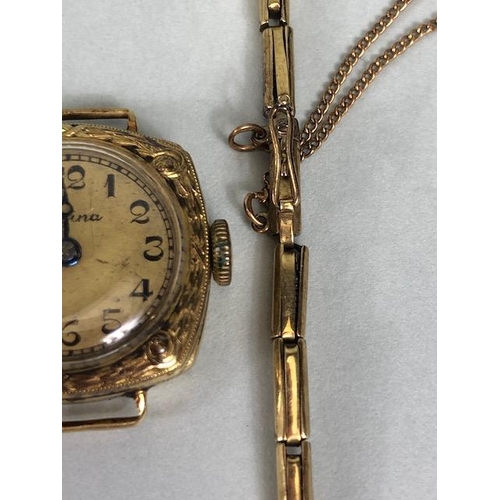 59 - 1930s gold wrist watch, case marked 14k, total weight approx 10.9g, along with unmarked matching bra... 