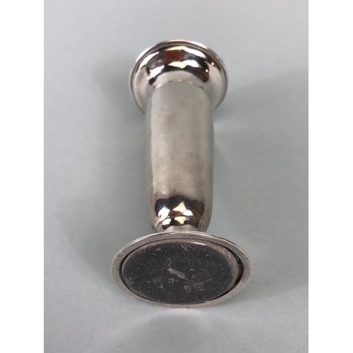 72 - Silver weighted posy or stem vase on circular stepped base engraved with the letter M approx 11cm ta... 