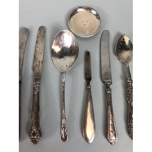 8 - Collection of assorted silver items to include butter knives, spoons etc