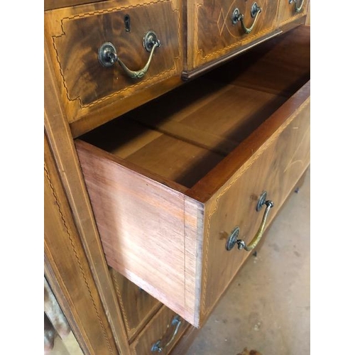 91 - Large triple Edwardian Wardrobe with inlay, drawers, mirrored doors and shelves, a fine example reta... 