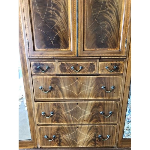 91 - Large triple Edwardian Wardrobe with inlay, drawers, mirrored doors and shelves, a fine example reta... 