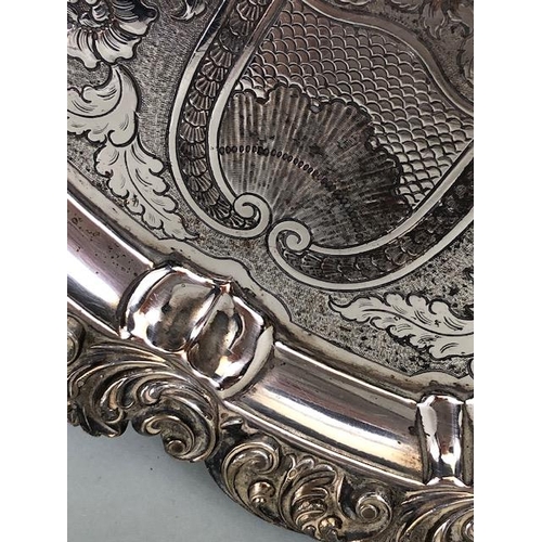 95 - Scottish round Rococo style silver plated footed  salver of substantial weigh, engraved armorial to ... 