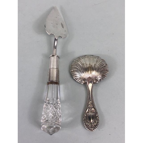 104 - Antique silver plate, EPNS Swan toast rack, shell caddy spoon, trowel server, and three rat tail tab... 