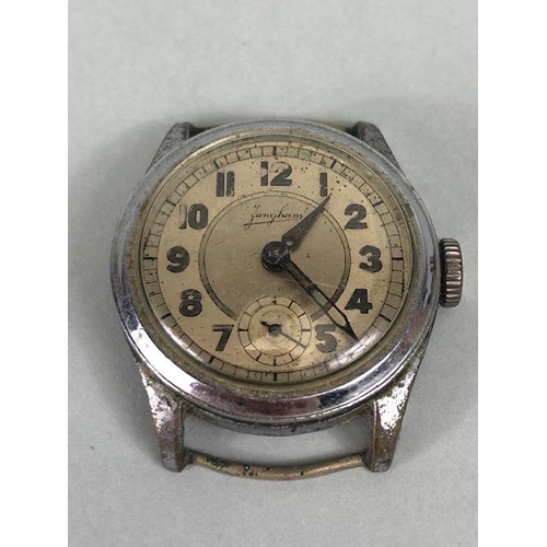 112 - Military watches, WW2 German Junghans strap watch, round face with  Arabic numerals and secondary di... 