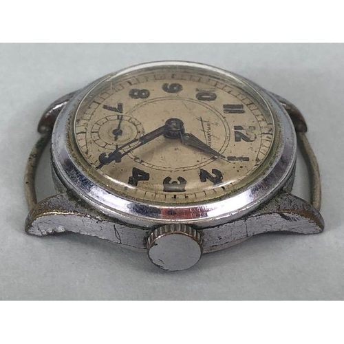 112 - Military watches, WW2 German Junghans strap watch, round face with  Arabic numerals and secondary di... 