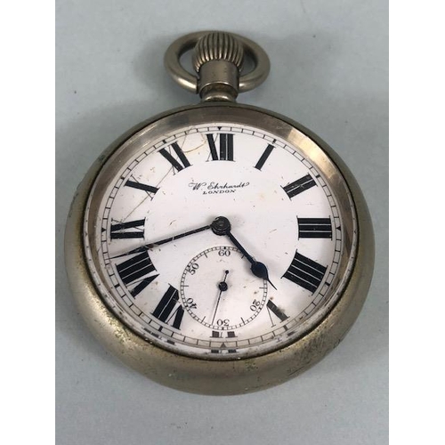 118 - Military watches, white metal cased pocket watch by W Ehrhardt London the back of case with crows fo... 