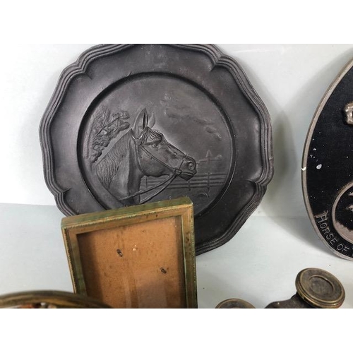 123 - Miscellaneous collectables,  the majority equestrian related, Pewter horse plate, Smiths Stirrup ala... 