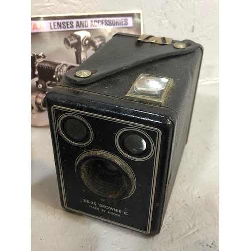 134 - Vintage Cameras, Pentax MEF, Vivitar Tele Converter 2x22 lens, and a Brownie six 20 box camera