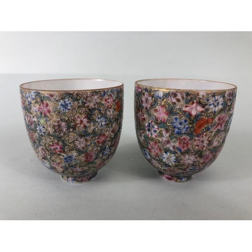 137 - Oriental art, pair of Chinese egg shell porcelain tea bowls, beautifully decorated in millefleur des... 