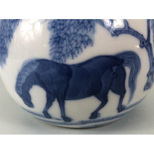 138 - Oriental Art, Chinese blue and white brush wash pot decorated with horses and trees six character si... 