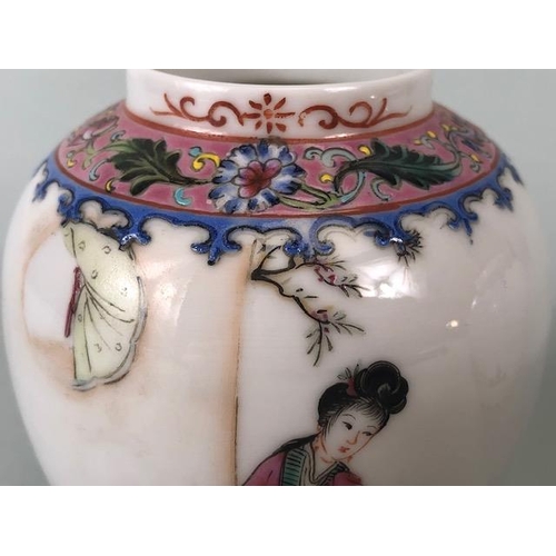 139 - Oriental ceramics, pair of Chinese Famille Rose vases decorated with a young woman in a garden, red ... 