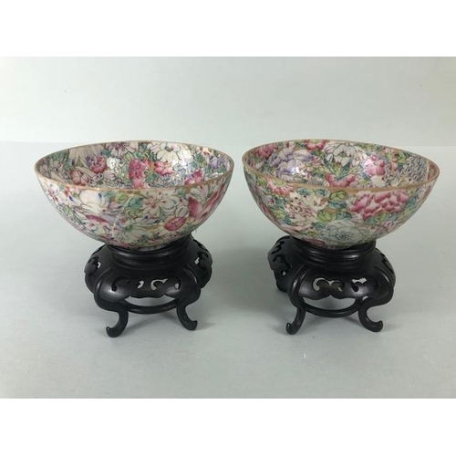 142 - Oriental Ceramics, pair of Chinese egg shell porcelain bowls with multicolour  millefleurs decoratio... 