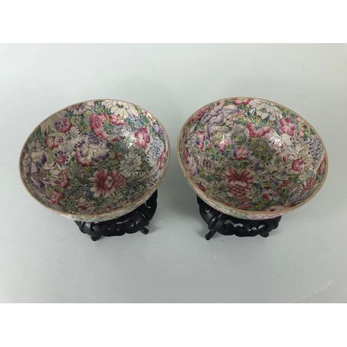 142 - Oriental Ceramics, pair of Chinese egg shell porcelain bowls with multicolour  millefleurs decoratio... 