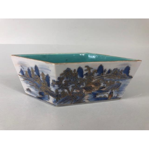 144 - Oriental ceramics, Chinese brush wash pot of parallelogram form decorated with a village landscape i... 