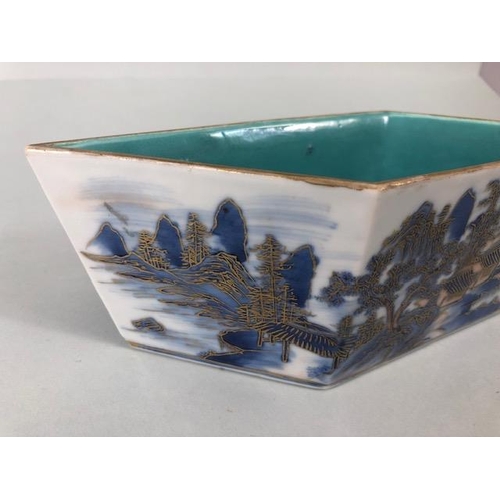 144 - Oriental ceramics, Chinese brush wash pot of parallelogram form decorated with a village landscape i... 