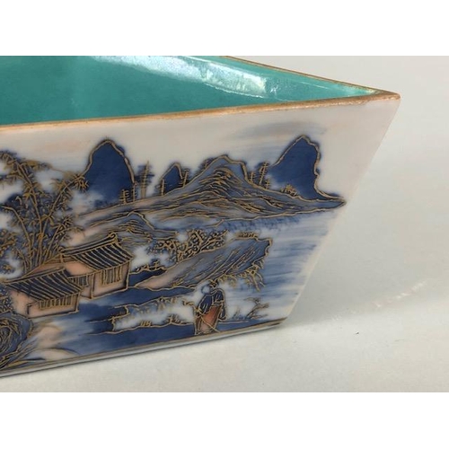 144 - Oriental ceramics, Chinese brush wash pot of parallelogram form decorated with a village landscape i... 