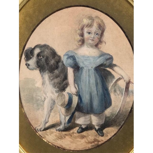 147 - Antique Paintings, 19th century water colour portrait of a young child, and dog companion, framed an... 