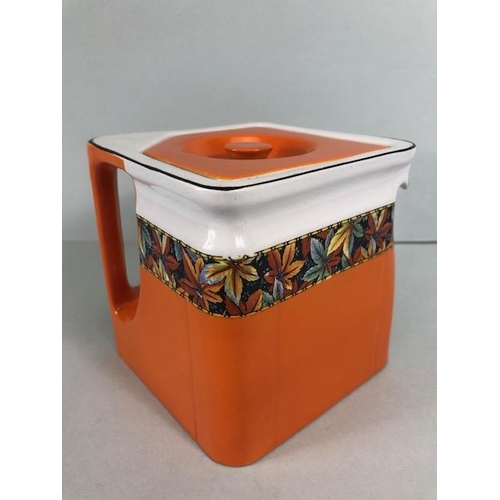 153 - Art Deco cube teapot, orange and white with autumn leaf border, base with The Cube Teapots Ltd trade... 