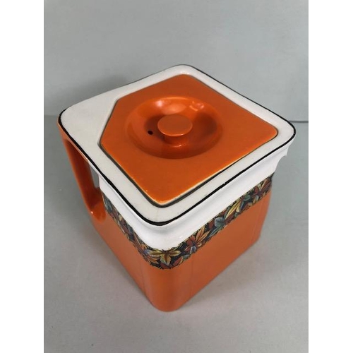 153 - Art Deco cube teapot, orange and white with autumn leaf border, base with The Cube Teapots Ltd trade... 