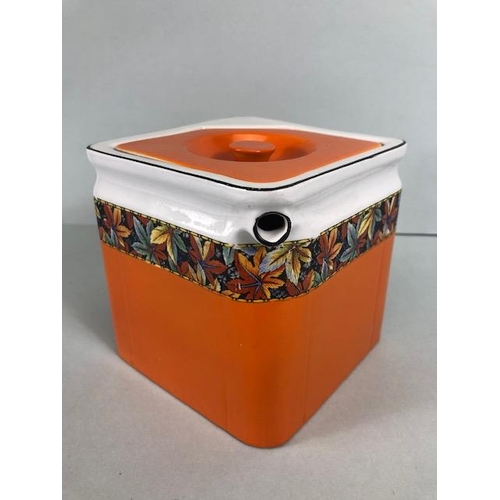 153 - Art Deco cube teapot, orange and white with autumn leaf border, base with The Cube Teapots Ltd trade... 