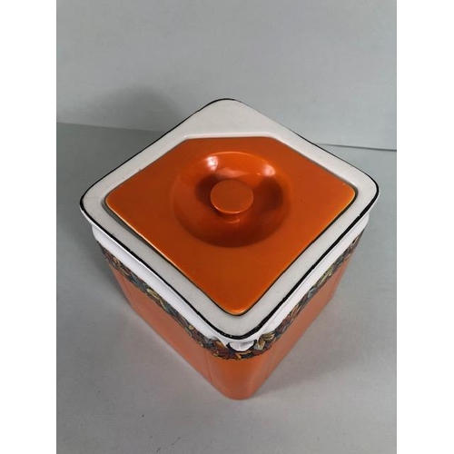 153 - Art Deco cube teapot, orange and white with autumn leaf border, base with The Cube Teapots Ltd trade... 