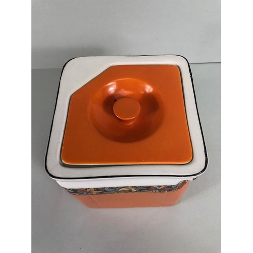 153 - Art Deco cube teapot, orange and white with autumn leaf border, base with The Cube Teapots Ltd trade... 