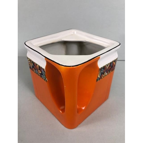 153 - Art Deco cube teapot, orange and white with autumn leaf border, base with The Cube Teapots Ltd trade... 