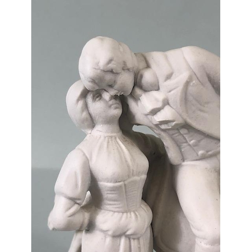 156 - 19th century romantic Parian ware figurine of a young man on horse back kissing a girl, approximatel... 