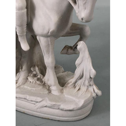 156 - 19th century romantic Parian ware figurine of a young man on horse back kissing a girl, approximatel... 