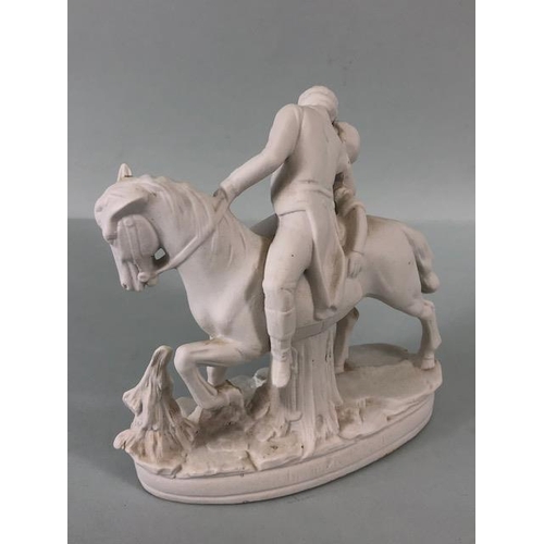 156 - 19th century romantic Parian ware figurine of a young man on horse back kissing a girl, approximatel... 