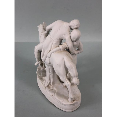 156 - 19th century romantic Parian ware figurine of a young man on horse back kissing a girl, approximatel... 