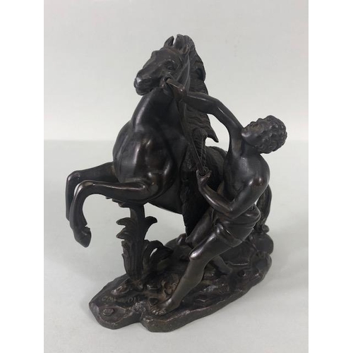 157 - Antique bronze sculpture of a young man and horse, in the manner of the Marly horse groups, signed t... 