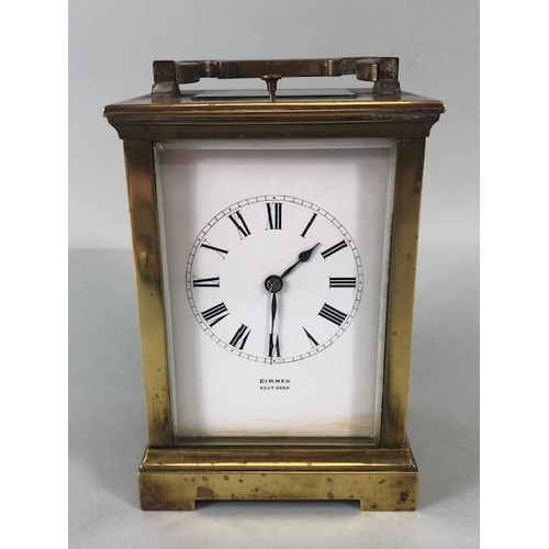 162 - Antique brass framed striking carriage clock with five glass panels by Dimmer of Southsea, approxima... 