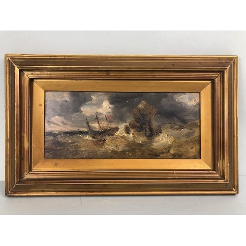 163 - Antique Painting, 19th century naive oil on board of a sailing vessel wrecked on a rock at sea, in g... 