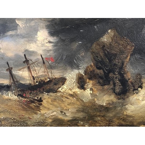 163 - Antique Painting, 19th century naive oil on board of a sailing vessel wrecked on a rock at sea, in g... 