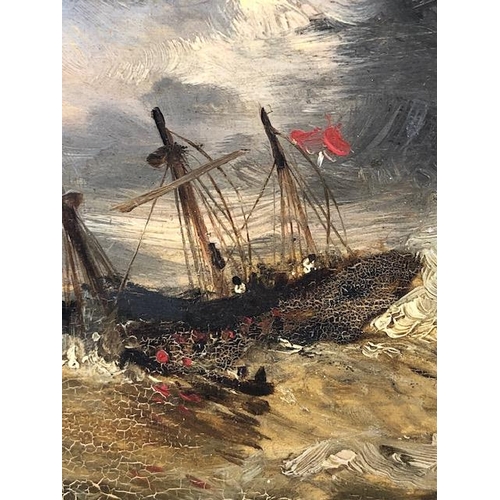 163 - Antique Painting, 19th century naive oil on board of a sailing vessel wrecked on a rock at sea, in g... 