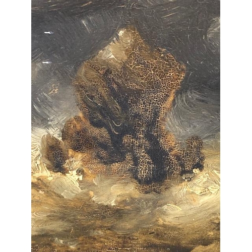 163 - Antique Painting, 19th century naive oil on board of a sailing vessel wrecked on a rock at sea, in g... 