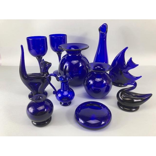 165 - Studio Bristol blue glass, collection of items hand blown or moulded the bases etched with Bristol s... 