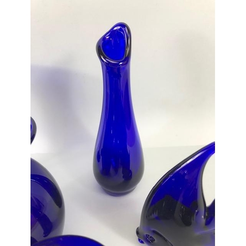 165 - Studio Bristol blue glass, collection of items hand blown or moulded the bases etched with Bristol s... 