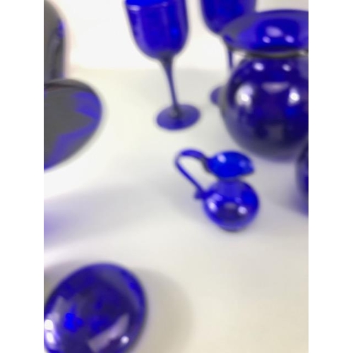 165 - Studio Bristol blue glass, collection of items hand blown or moulded the bases etched with Bristol s... 